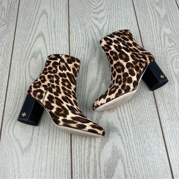 Tory Burch Brooke Leopard Calf Hair Ankle Heeled Booties 5 Brown/Tan/Black $398 - Picture 4 of 9